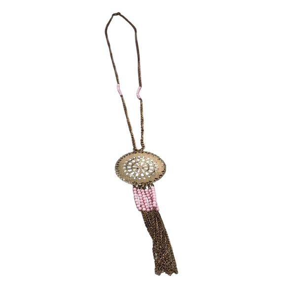 Boho gold tone pink round pendant tassel chain bead  necklace - Picture 2 of 3